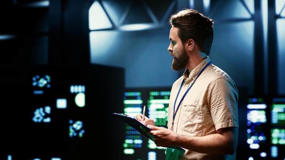 Administrador caminhando em data center de alta performance