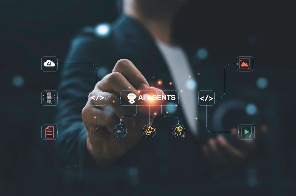 Profissional interagindo com interface de agentes de IA