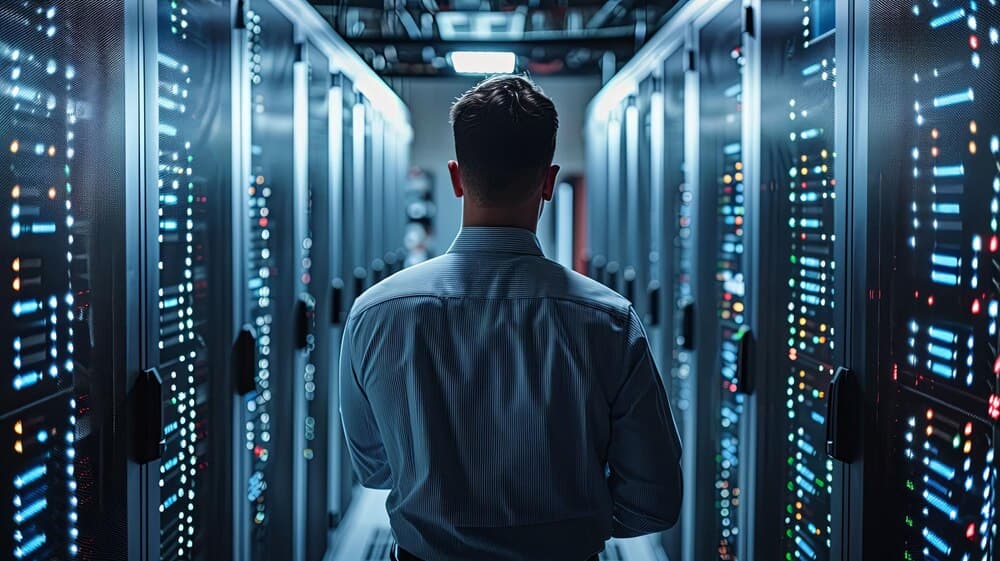 Profissional caminhando entre racks de servidores em data center moderno