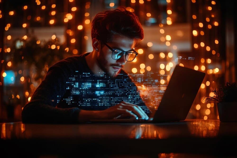 Programador jovem trabalhando com código e machine learning em laptop