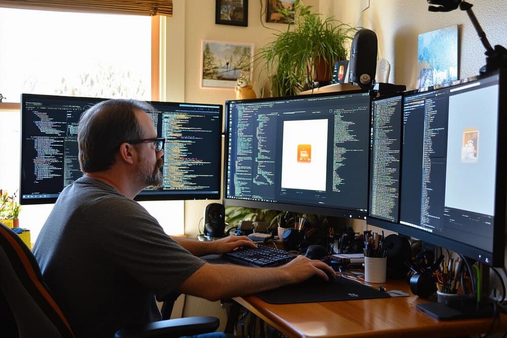 Desenvolvedor trabalhando com três monitores e código de programação em home office