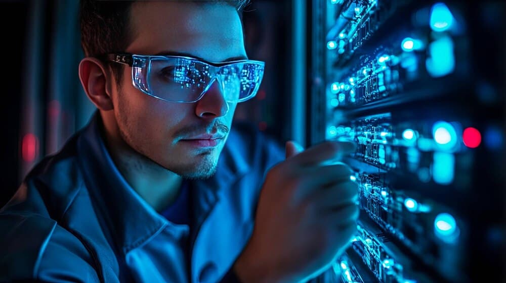 Técnico inspecionando racks de servidores com iluminação azul em data center