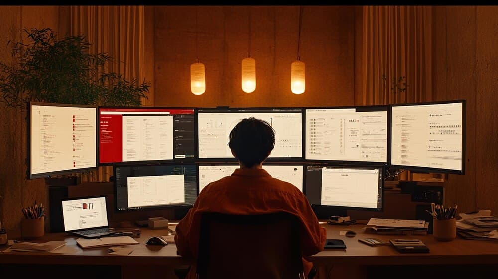 Profissional analisando gráficos e dados em múltiplos monitores