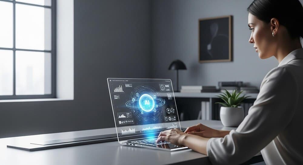 Profissional interagindo com inteligência artificial em laptop moderno