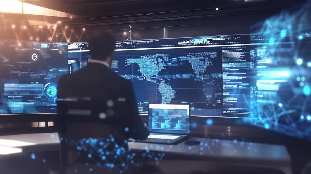Profissional em estação de trabalho de analytics com múltiplos monitores