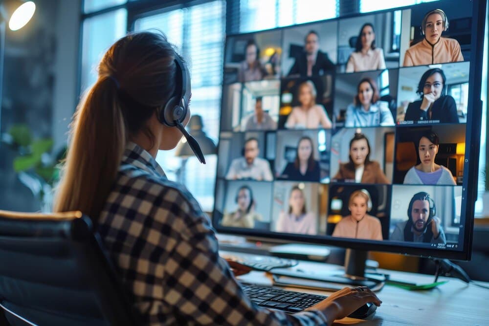 Profissional em reunião online com múltiplos participantes no monitor