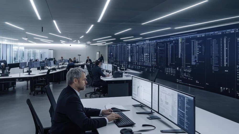 Engenheiro verificando dashboard em data center