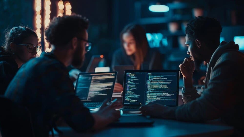 Desenvolvedor programando com múltiplos monitores