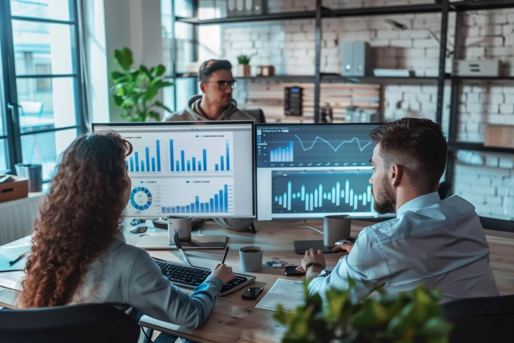 Equipe diversa analisando dados e gráficos em reunião corporativa